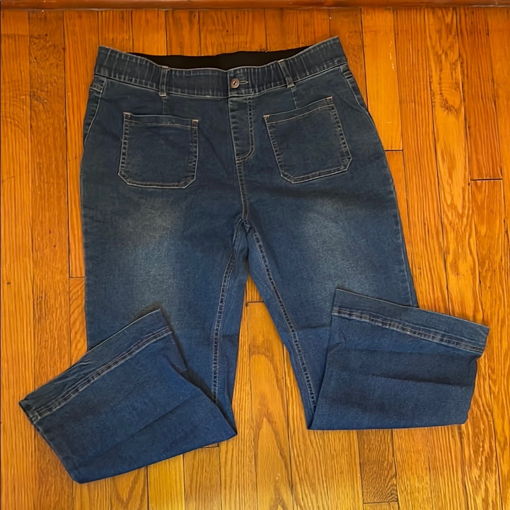 Classic Blue Elastic Waist Straight Leg Denim Jeans